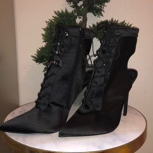Forever 21 Black Satin Lace Up Open heel boots